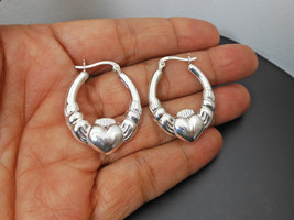 Claddagh Hoop Earrings, 925 Sterling Silver, Women Textured Heart Earrings 32mm - £38.53 GBP+