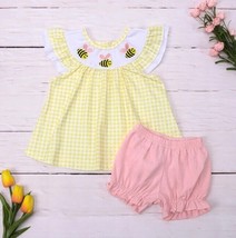 NEW Boutique Bees Yellow Plaid Tunic &amp; Shorts Girls Outfit Set - £13.54 GBP