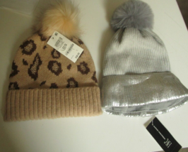 Two INC Beanie with Pom-Pom Knit Hat One Size Silver/Gray and Brown print - £14.99 GBP