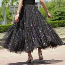 Black Sparkly Long Tulle Skirt Outfit Women Custom Plus Size Layered Tulle Skirt image 2