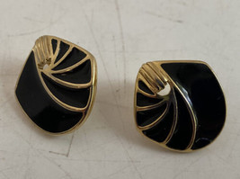 Trifari Vintage Pierced Gold Tone and Black Enamel Earrings Mid Century Formal - £19.77 GBP