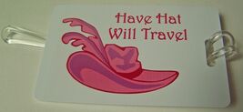 WHITE LUGGAGE TAG W/ PINK HAT LAVENDER TRIM &amp; STRAP FOR LADIES OF SOCIET... - $12.99