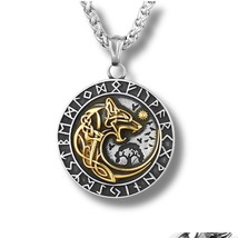 Viking Wolf Head Pendant Necklace Stainless Steel Rune Fenrir Norse Chain Amulet - $22.99