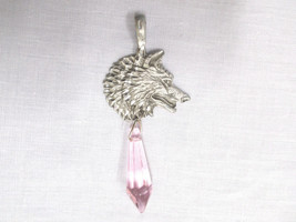 Engraved Pewter Animal Wolf Profile W Pink Glass Prism Pendant Adj Necklace - £27.87 GBP