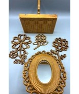 Vtg Homco Faux Wicker Wall Decor Lot Mirror Shelf Flowers Brown 5 Pc Boho - $653.14 MXN