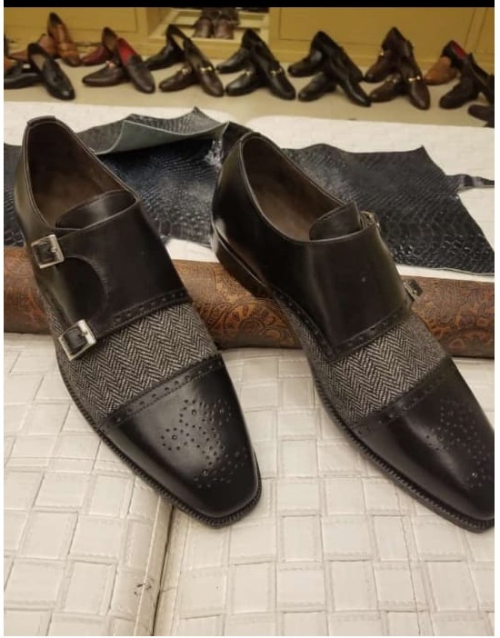 NEW Handmade Men Formal monk Shoes, Mens gray fabric and black leather dress sho