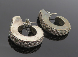 BALI 925 Silver - Vintage Dark Tone Basket Weave Braid J-Hoop Earrings - EG3107 - £43.30 GBP