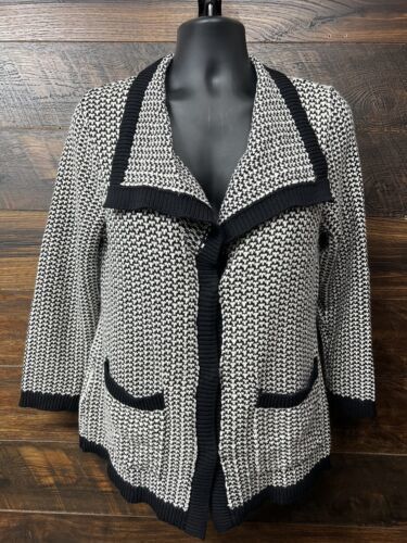 Chicos Cardigan Sweater 1 Women Large Black White Hidden Buttons Knit Co... - $15.20