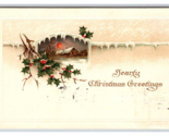 Hearty Christmas Greetings Icicles Holly Night Cabin Embossed DB Postcar... - $3.91