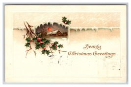Hearty Christmas Greetings Icicles Holly Night Cabin Embossed DB Postcard R30 - £3.08 GBP