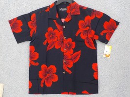 FAVANT MENS HAWAIIAN SHIRT SZ L BLACK WITH RED HIBISCUS FLOWERS LEFT POC... - $19.99