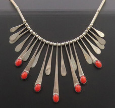 ZUNI NAVAJO 925 Silver - Vintage Tribal Water Drop Red Coral Necklace - NE4191 - £253.71 GBP