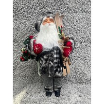 Santa Claus Black &amp; White Plaid Coat Fur Ski &amp; Christmas Tree Collectibl... - $22.72