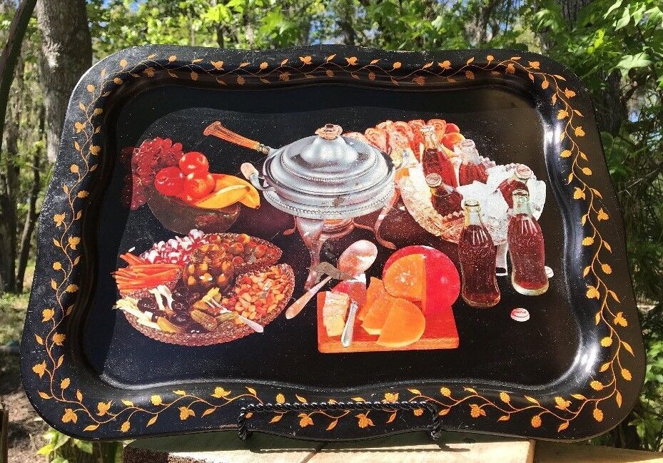 Vintage Coca Cola Metal Serving Tray Lap Buffet Themed Black 18 5/8" x 13 1/2" - £21.56 GBP