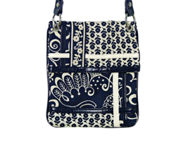 Vera Bradley Floral Quilted Foldable Flap Close Crossbody Bag Navy Blue White   - £16.63 GBP