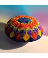 Handmade Crochet Yamaka Beanie Cap Daisy Design Bright Colorful Navy Blu... - $284.83 MXN