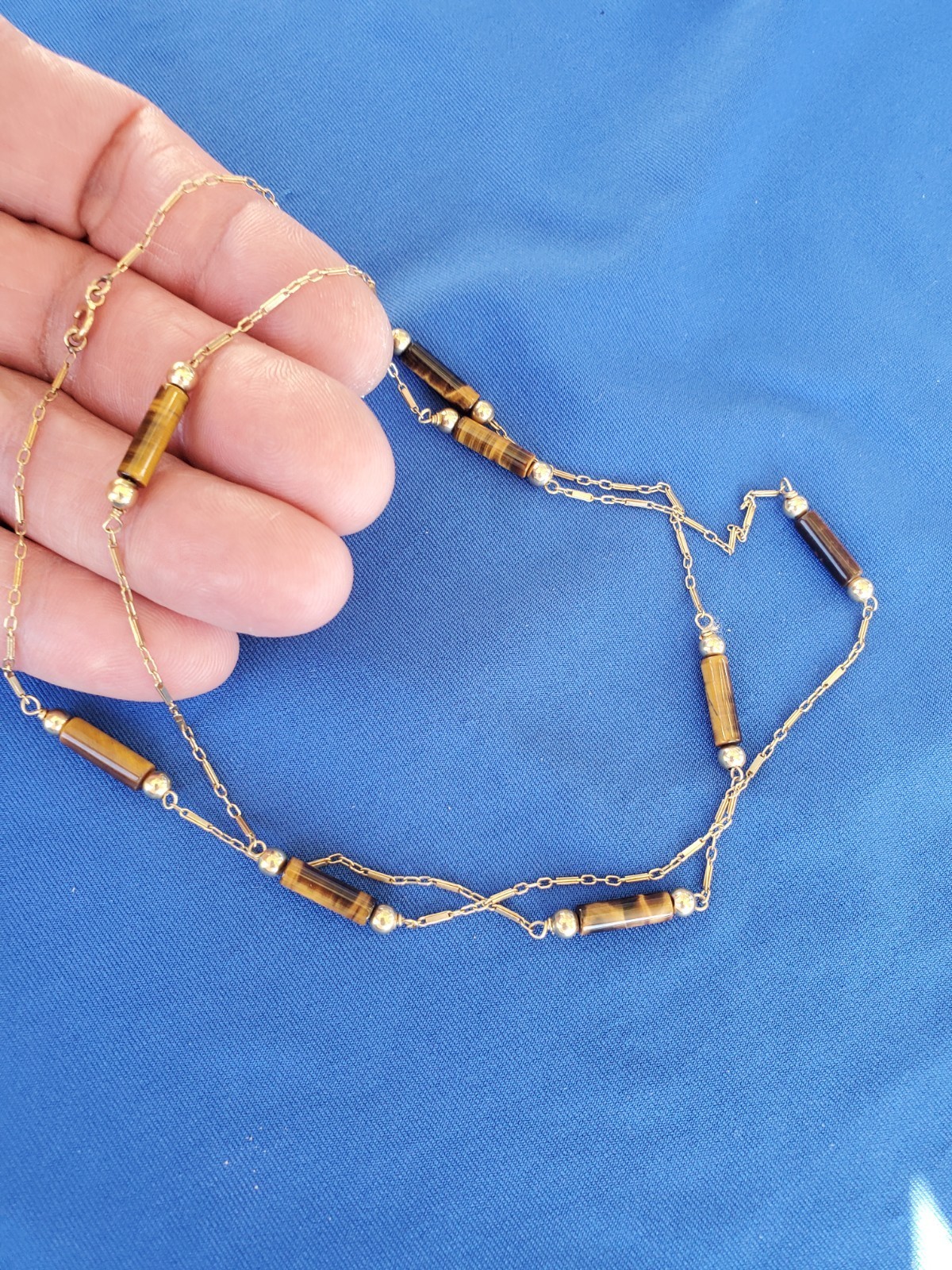 Vintage 14k Gold Art Deco Tiger eye Statement Necklace Unique Antique Chain 28" Item image 14