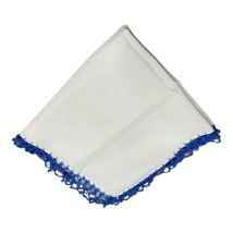 Vintage White Cotton Hankie With Blue Hand Crochet Lace Trim Pocket Scarf Hanky - $9.94