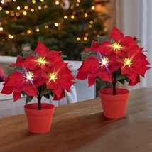 Jeteho 2 Pack Lighted Poinsettia Flowers Artificial Poinsettias Plants In Pot - £33.56 GBP