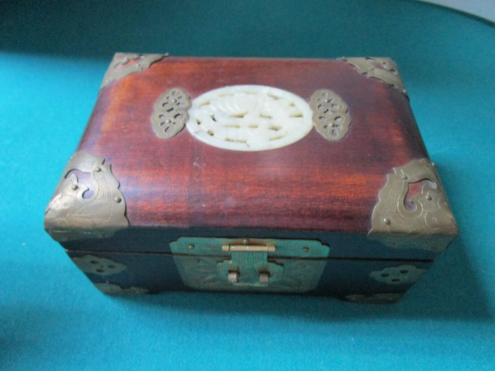 WOOD CHINESE BOX MOTHER OF PEARL BRASS DECOR KEY / ANTIQUE LOCK INSIDE O... - $124.73