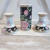 3 pc Lefton 1989 Candle Holder #07398 Bud Vase #07393 Oriental Style Black/Pink - £15.86 GBP