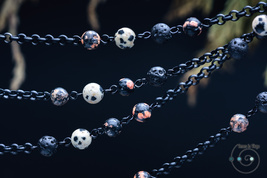 long boho necklace with red snowflake &amp; Dalmatian jasper, black, tan, red, ooak - £22.81 GBP