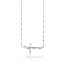 Sterling Silver CZ Rhodium Curved Sideways Cross Necklace - £29.01 GBP