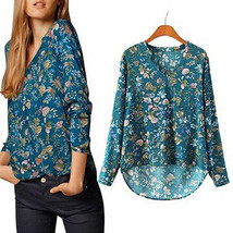 Women Casual Long Sleeve V-neck Floral Print Shirt Chiffon Blouse Irregular Top - £10.13 GBP+