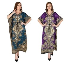 Womens Polyester Floral Design Kaftan Ethnic Dress Combo Pack 2 Pcs Purple Blue - £13.74 GBP