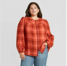Women&#39;s Plaid Puff Long Sleeve Button-Front Blouse - Universal Thread Red 4X (P) - £11.19 GBP