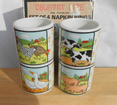 Country Life Napkin Rings 4 Cow Pig Rooster Duck Chicken Porcelain Box - $24.74