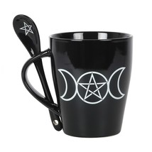 Wicca Sacred Triple Moon Pentagram Circle Ceramic Mug And Pentacle Spoon Set - £15.22 GBP