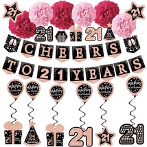 21St Birthday Decorations For Her - (21Pack) Cheers To 21 Years Rose Gold Glitte - £25.65 GBP