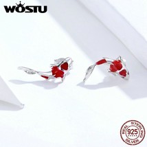 WOSTU Authentic 925 Sterling Silver Koi Fish Stud Earrings Red Enamel Small Earr - £13.35 GBP