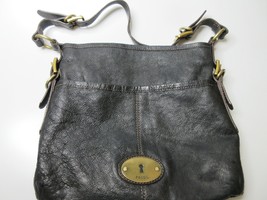 Retro Fossil Leather Purse Shoulder Bag Black Adjustable Strap Secure Zi... - $54.42