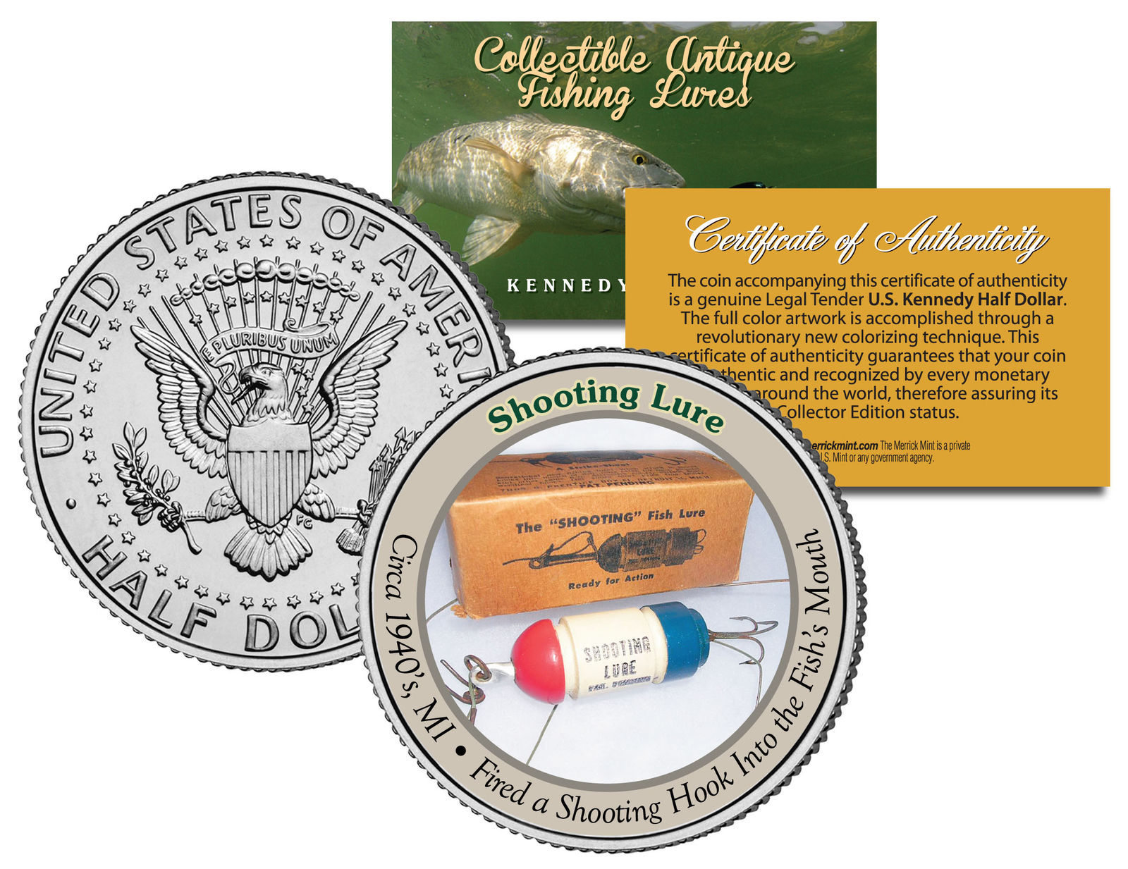 SHOOTING LURE * Collectible Antique Fishing Lures * JFK Half Dollar US C... - $12.16