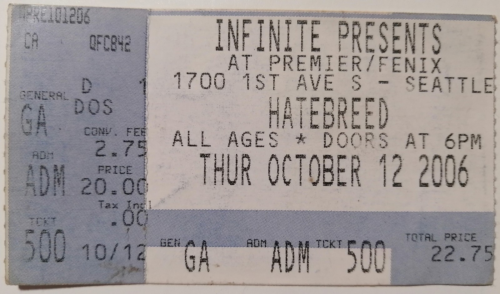 HATEBREED In Concert 2006 Ticket Stub Premier Seattle Washington USA NM ... - $6.75