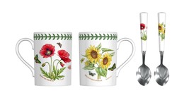 Portmeirion Botanic Garden 2 Porcelain Mugs and 2 Spoons Set - Poppy/Sun... - $54.99
