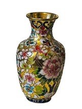 Cloisonne Vase France Flower antique vtg mcm 5&quot; gold French floral miniature - £31.24 GBP