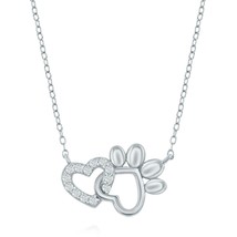 Sterling Silver Clear CZ Interlaced Heart and Paw Print Pendant Necklace - £26.79 GBP