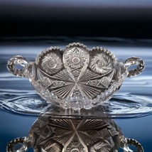ABCG American Brilliant Cut Bowl Double Handle Nappy Crystal Glass Sawtooth Edge - £39.34 GBP
