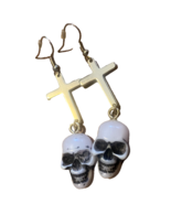 Drop dangle cross &amp; skull skull gothic gold tone earring 2.5&quot; long - $12.13 CAD