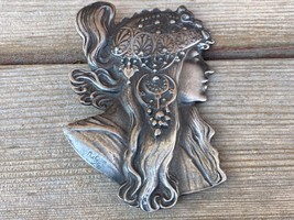 Vtg Art Nouveau Alphonse Mucha Woman Pewter Belt Buckle Indiana Metal Craft - £31.61 GBP