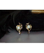 14k Pearl Diamond 7mm Stud French Back Earrings Heart Flower Vintg J3288MME - $440.55