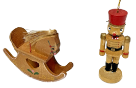 Vintage Lot of 2 Miniature Wooden Christmas Ornament Toy Soldier Rocking Horse - £10.13 GBP