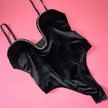 Victoria&#39;s Secret XL TEDDY bodysuit one-piece velour BLACK crystallized ... - £93.41 GBP