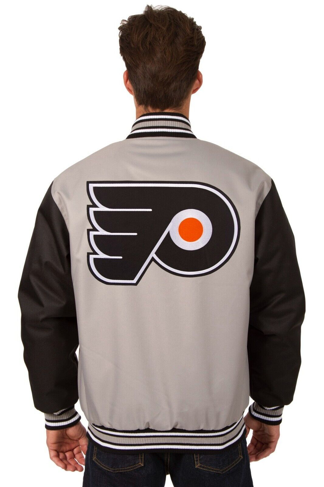 NHL Philadelphia Flyers Poly Twill Jacket Grey Black Embroidered Logos JH Design - $139.99