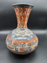 Vtg Tonala Pottery Vase Burnished Mexico Folk Art Hand Painted Bulb Shape 9.75in - £18.47 GBP