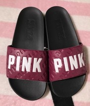Victoria&#39;s Secret Pink Ruby Maroon White Logo Black Single Strap Slides -S (5-6) - £39.17 GBP