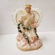 11&quot; Angel on Wood Stand Crochet Lace Wings Christmas Shelf Sitter - £5.59 GBP